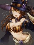  1girl :d beatrix_(granblue_fantasy) breasts brown_gloves brown_hair cleavage dated gloves granblue_fantasy green_eyes halloween hat highres long_hair looking_at_viewer mephist-pheles midriff open_mouth signature smile solo witch_hat 