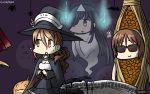  !? 3girls black_hair brown_hair cape commentary dated flying_sweatdrops ghost giving_up_the_ghost hair_over_one_eye halloween hamu_koutarou hat hayashimo_(kantai_collection) highres jack-o&#039;-lantern kantai_collection littorio_(kantai_collection) long_hair multiple_girls natori_(kantai_collection) nattou_costume open_mouth sunglasses sweat triangular_headpiece very_long_hair witch_hat 