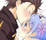  blue_eyes blue_hair blush forehead forehead_kiss frilled_sleeves frills hair_ornament hair_ribbon kiss maid maid_headdress natsuki_subaru pink_ribbon re:zero_kara_hajimeru_isekai_seikatsu rem_(re:zero) ribbon short_hair x_hair_ornament 