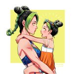  2girls birthmark black_hair braid butterfly_hair_ornament carrying commentary dated double_bun dual_persona from_side green_eyes hair_ornament halter_top halterneck highres joestar_birthmark jojo_no_kimyou_na_bouken kuujou_jolyne multicolored_hair multiple_girls open_mouth rokakakaka short_shorts shorts signature single_braid two-tone_hair 