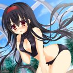  1girl bikini black_bikini black_hair breasts brown_eyes cleavage cleavage_cutout copyright_name eyebrows eyebrows_visible_through_hair front_zipper_swimsuit hair_between_eyes hairband long_hair medium_breasts one-piece_swimsuit psychic_hearts red_hairband solo swimsuit yuyumatsu 