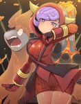  1girl camerupt eudetenis fake_horns gloves highres hood hoodie horned_headwear kagari_(pokemon) kagari_(pokemon)_(remake) looking_at_viewer pokemon pokemon_(creature) pokemon_(game) pokemon_oras purple_hair ribbed_sweater short_hair solo sweater violet_eyes 