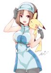  1girl ace_trainer_(pokemon) black_legwear breasts brown_eyes brown_hair dated gloves grey_gloves highres khibiki_(brequiem) npc on_shoulder pantyhose pikachu pokemon pokemon_(game) pokemon_sm sexual_dimorphism short_hair sideboob signature sleeveless visor_cap 