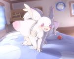  all_fours audino blush brzivy mega_audino mega_pokemon no_humans on_bed open_mouth pink_eyes poke_ball pokemon pokemon_(creature) smile 