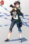  1girl ahoge belt blue_eyes coat fang fur_trim gun handgun highres holster id_card looking_to_the_side ndtwofives pouch rifle shoes sneakers solo weapon 
