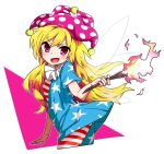  1girl american_flag_dress american_flag_legwear blonde_hair blush clownpiece cropped_legs dress fairy_wings fire hat holding jester_cap jpeg_artifacts long_hair looking_at_viewer neck_ruff noel_(noel-gunso) open_mouth pantyhose pink_eyes polka_dot short_dress short_sleeves simple_background smile solo star star_print striped torch touhou white_background wings 