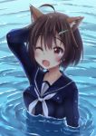  1girl ;d ahoge animal_ears blush brave_witches brown_eyes brown_hair collarbone commentary_request hair_ornament hairclip hand_on_head karibuchi_hikari one_eye_closed open_mouth partially_submerged ribbon school_swimsuit school_uniform serafuku short_hair smile solo sparkle squirrel_ears star swimsuit uniform water water_drop wet wet_hair white_ribbon world_witches_series yukomiduki 
