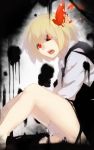  arms_between_legs black_sclera blonde_hair commentary_request darkness hair_ribbon highres long_sleeves looking_at_viewer open_mouth red_eyes ribbon rumia short_hair sitting skirt skirt_set tagme teeth terimayo tongue touhou 