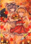  2girls acrylic_paint_(medium) arm_up bat_wings blonde_hair blush brown colored_pencil_(medium) dated fang flandre_scarlet food fruit halloween happy hat holding jack-o&#039;-lantern light_particles looking_at_viewer mob_cap mosho multiple_girls orange_(color) purple_hair remilia_scarlet short_hair signature silk smile spider_web touhou traditional_media wings 