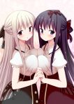  2girls black_hair blonde_hair blush bow breast_press breasts givuchoko hair_bow highres holding_hands interlocked_fingers large_breasts long_hair multiple_girls original puffy_short_sleeves puffy_sleeves red_eyes short_sleeves symmetrical_docking violet_eyes 