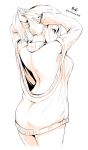 1girl absurdres adjusting_hair arms_up ass bare_back breasts highres kirikirimai_(kkm) loose_clothes monochrome naked_sweater original short_hair signature simple_background solo sweater twitter_username tying_hair white_background 