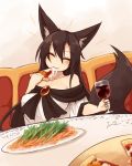  1girl ^_^ animal_ears bare_shoulders brooch brown_hair closed_eyes collarbone cup dress drinking_glass eating food hair_between_eyes imaizumi_kagerou jewelry kaginoni off_shoulder pasta pizza plate short_sleeves smile solo spaghetti tablecloth tail touhou white_dress wine_glass wolf_ears wolf_tail 