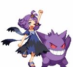  1girl ;d acerola_(pokemon) arm_up bangs blush collarbone dress elite_four flat_chest flipped_hair full_body gengar grin hair_ornament half_updo lavender_eyes leg_up lowres one_eye_closed open_mouth pixel_art pokemon pokemon_(creature) pokemon_(game) pokemon_sm purple_hair red_sclera sandals shirokuro_(oyaji) short_hair short_sleeves simple_background smile standing standing_on_one_leg stitches tongue torn_clothes torn_dress torn_sleeves trial_captain white_background 