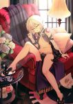  1girl arm_at_side armchair assassin_of_black bandaged_arm bandages bare_legs black_panties bodypaint bowl breasts bunny_print center_opening chair child_drawing closed_eyes crayon cup curtains deanna drink eyebrows eyebrows_visible_through_hair fate/apocrypha fate_(series) floor flower frilled_panties frills glass heart_print highres hydrangea indoors knee_up light_particles macaron milk mug navel on_chair panties paper pillow plate rug running_bond saucer scar scar_on_cheek shade shoe_dangle short_hair silver_hair sitting sleeping sleeveless slippers small_breasts solo stomach sugar_cube table tassel transparent under_boob underwear vase wall white_hair window wooden_floor 