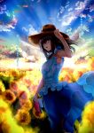 1girl absurdres armpits black_hair blue_eyes book breasts clouds cloudy_sky dress field flower flower_field highres horizon idolmaster idolmaster_cinderella_girls light_rays long_hair looking_back murasame_nohito open_mouth sagisawa_fumika scan sky smile solo sunflower wind