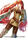  1girl armor artist_request belt bent_over company_connection company_name fingerless_gloves fire_emblem fire_emblem:_kakusei fire_emblem_cipher gloves hand_on_hip holding holding_weapon long_hair looking_at_viewer open_mouth red_eyes redhead selena_(fire_emblem) shield solo sword thigh-highs twintails weapon white_background 