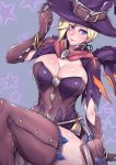  1girl absurdres alternate_costume arm_support blonde_hair bracelet breasts cleavage commentary gggg hat highres jewelry large_breasts legs looking_at_viewer mercy_(overwatch) overwatch sitting smile solo star thigh-highs thighs witch_hat witch_mercy 