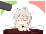  1girl ^_^ alcohol bathing blush bottle chibi closed_eyes commentary cup drinking_glass goma_(yoku_yatta_hou_jane) grey_hair hair_between_eyes hair_ornament hair_up italian_flag kantai_collection nude pola_(kantai_collection) sidelocks solo wine wine_bottle wine_glass 