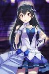  1girl akino_komichi bare_shoulders black_hair breasts brown_eyes dress finger_to_mouth gloves idolmaster idolmaster_cinderella_girls idolmaster_cinderella_girls_starlight_stage long_hair looking_at_viewer ooishi_izumi pocket_watch smile solo starry_sky_bright tiara watch white_gloves 