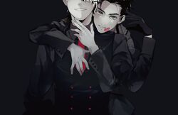  2boys bangs black_background black_gloves black_hair black_shirt black_vest blazer collared_shirt double-breasted dress_shirt en_(enxxx) formal gloves hand_on_another&#039;s_chest hand_on_another&#039;s_neck hand_under_clothes hand_up head_on_shoulder head_out_of_frame hug hug_from_behind jacket katsuki_yuuri lipstick_mark long_sleeves looking_at_viewer male_focus monochrome multiple_boys necktie parted_lips red_necktie shirt simple_background spot_color upper_body vest viktor_nikiforov white_hair yaoi yuri!!!_on_ice 