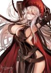  1girl 2016 arms_up artist_name bangs beltskirt black_dress black_hat breasts detached_sleeves dress granblue_fantasy hair_between_eyes hat kigawa_rin large_breasts long_hair long_sleeves magisa_(granblue_fantasy) red_eyes side_slit silver_hair simple_background smile solo white_background witch witch_hat 