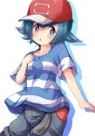  1girl belt blue_eyes blue_hair blush collarbone hat looking_at_viewer nekono_rin open_mouth pokemon pokemon_(anime) red_hat satoshi_(pokemon) satoshi_(pokemon)_(cosplay) shirt short_sleeves solo striped striped_shirt suiren_(pokemon) sweatdrop 