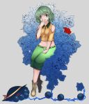  al_bhed_eyes alternate_costume aoshima bare_shoulders blue_rose boots check_commentary commentary commentary_request flower green_eyes green_hair hand_to_own_mouth hat hat_removed headwear_removed highres komeiji_koishi navel red_rose rose smile third_eye touhou 