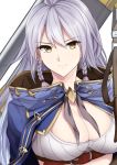  1girl ahoge bangs belt braid breasts bush cleavage closed_mouth coat eyebrows eyebrows_visible_through_hair granblue_fantasy gun hair_between_eyes highres large_breasts long_hair looking_at_viewer open_clothes open_coat over_shoulder shirokuro_(shirokuro-1999) silva_(granblue_fantasy) silver_hair simple_background smile solo tsurime twin_braids weapon weapon_over_shoulder white_background yellow_eyes 