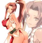  1girl 2015 artist_name ass bent_over breasts brown_eyes brown_hair covered_nipples dress fan fatal_fury folding_fan hair_ribbon high_ponytail holding holding_fan kigawa_rin large_breasts long_hair looking_at_viewer looking_back pelvic_curtain red_dress revealing_clothes ribbon rope sash shimenawa shiranui_mai simple_background solo the_king_of_fighters twitter_username white_background white_ribbon zoom_layer 