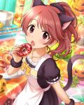  1girl alternate_costume animal_ears apron artist_request brown_eyes brown_hair cat_tail doughnut food halloween_costume idolmaster idolmaster_cinderella_girls jack-o&#039;-lantern jewelry necklace official_art ponytail pumpkin shiina_noriko tail 