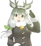  1girl :d animal_ears antlers bell black_mittens coat earrings extra_ears fur-trimmed_sleeves fur_collar fur_trim green_eyes grey_hair hair_ribbon heterochromia horizontal_pupils jewelry juz kemono_friends long_hair looking_at_viewer mittens open_mouth red_eyes reindeer_(kemono_friends) reindeer_ears ribbon salute simple_background smile solo upper_body white_background winter_clothes winter_coat 