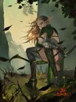  1girl absurdres ass belt blonde_hair boots bow dagger elf flower grass green_eyes high_heel_boots high_heels highres jayjiwoo_park kneeling leaf long_hair looking_back mountain panties pointy_ears quiver sheath sheathed solo thigh-highs thigh_boots tree underwear weapon wind 