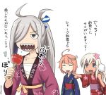  3girls :d =_= ahoge alternate_costume antenna_hair asashimo_(kantai_collection) blue_eyes budget_sarashi candy_apple collarbone commentary_request cotton_candy eating grey_eyes hair_ornament hair_over_one_eye happi holding i-58_(kantai_collection) japanese_clothes kantai_collection kimono long_hair multiple_girls open_mouth orange_hair pointing ponytail ro-500_(kantai_collection) sarashi sharp_teeth silver_hair smile spaghe tan teeth translation_request yukata 