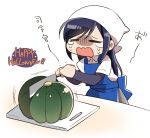  1girl apron arm_warmers asashio_(kantai_collection) black_hair closed_eyes commentary_request crying cutting_board happy_halloween kantai_collection knife long_hair open_mouth pumpkin shaded_face solo tsunoda_magu white_background 