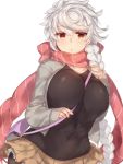  1girl alternate_costume bag between_breasts breasts brown_eyes brown_skirt grey_jacket handbag jacket kantai_collection large_breasts long_hair long_sleeves looking_at_viewer navel open_clothes open_jacket open_mouth ribbed_sweater scarf silver_hair simple_background skirt sleeves_past_wrists solo sweater unryuu_(kantai_collection) very_long_hair white_background yamaarashi 
