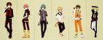  6+boys adapted_costume anzu_(o6v6o) aqua_eyes aqua_hair aqua_necktie arm_at_side arm_belt back bangs bare_arms beige_background belt black_eyes black_pants black_shoes blue_eyes boots bracer brown_hair brown_pants casual choker clenched_hand closed_mouth collared_shirt cross-laced_footwear fingerless_gloves frown full_body genderswap genderswap_(ftm) gloves green_hair grey_shirt gumiya hair_between_eyes hair_ornament hairclip hand_on_hip hand_on_own_head hand_up hatsune_mikuo headphones headphones_around_neck headset highres holding kagamine_rinto lace-up_boots lily_(vocaloid) looking_at_another looking_at_viewer looking_to_the_side male_focus megurine_luki meito microphone mouth_hold multiple_belts multiple_boys necktie one_eye_closed orange_pants orange_vest overskirt pants pants_rolled_up pink_hair polo_shirt red_boots red_eyes red_necktie red_pants sailor_collar sash shade shirt shoes short_sleeves side_slit sleeves_past_elbows sleeves_rolled_up smile sneakers standing sunglasses sunglasses_on_head sweat v v-neck vest vocaloid white_shirt white_shoes wristband yellow_boots yellow_necktie 
