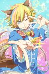  1boy absurdres animal_ears blonde_hair blue_eyes cravat headphones highres minatasiro one_eye_closed pointing show_by_rock!! shu_zo_(show_by_rock!!) smile solo star tail 