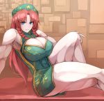  1girl bare_legs blue_eyes braid breasts china_dress chinese_clothes cleavage cleavage_cutout dress green_dress hat hong_meiling huge_breasts leg_lift long_hair muscle muscular_female poini_(king-scarlet-dead) redhead short_dress side_braids sitting sleeveless sleeveless_dress smile solo star thick_thighs thighs touhou twin_braids 