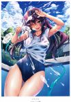  1girl ;d absurdres aqua_eyes arm_up artist_name ass_visible_through_thighs blush hair_between_eyes highres hose huge_filesize long_hair one-piece_swimsuit one_eye_closed open_mouth original outdoors piromizu pool purple_hair scan school_swimsuit shirt sleeves_rolled_up smile solo splashing swimsuit swimsuit_under_clothes thigh_gap tied_shirt water wet wet_clothes wet_shirt 