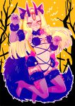  1girl animal_ears blonde_hair blush boots bow cosplay elbow_gloves embarrassed facial_mark fangs fate/grand_order fate_(series) flat_chest full-face_blush fur-trimmed_gloves fur-trimmed_legwear fur_trim gloves halloween halloween_costume high_heel_boots high_heels hizuki_mai horns ibaraki_douji_(fate/grand_order) lace lace-trimmed_thighhighs long_hair o-ring_top oni oni_horns open_mouth panties purple_gloves purple_legwear red_bow revealing_clothes shielder_(fate/grand_order) shielder_(fate/grand_order)_(cosplay) solo tail tears thigh-highs thigh_boots underwear wolf_ears wolf_tail yellow_eyes 