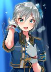  1girl :d anastasia_(idolmaster) arm_up blue_eyes eyebrows eyebrows_visible_through_hair flying_sweatdrops gloves hair_between_eyes hair_ornament hair_tucking hand_on_own_chest highres idolmaster idolmaster_cinderella_girls jacket looking_at_viewer motion_lines open_mouth short_hair short_sleeves silver_hair smile solo star steam sweat tarachine upper_body white_gloves 