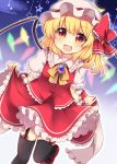  1girl :d blonde_hair collared_shirt fang flandre_scarlet frilled_skirt frills garter_straps hat highres mob_cap open_mouth orange_eyes puffy_short_sleeves puffy_sleeves ruhika shirt short_hair short_sleeves side_ponytail skirt skirt_lift smile star thigh-highs touhou vest wings wrist_cuffs 