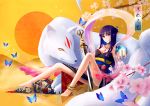  1girl animal anklet artist_request bare_legs barefoot butterfly flower hair_ornament japanese_clothes jewelry kimono long_hair off_shoulder original purple_hair red_eyes sitting smile sword weapon 