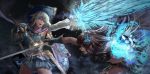  2girls aqua_eyes armor brown_hair chain detached_sleeves fighting flower gloves hair_flower hair_ornament hat highres ice looking_at_another magic multiple_girls open_mouth plaster_(2501) pleated_skirt see-through shawl short_hair silver_hair skirt sparks sword weapon 