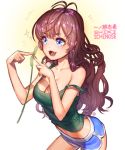  1girl :3 :d ahoge blue_eyes blush breasts brown_hair cattail character_name cleavage clinexgrim fang ichinose_shiki idolmaster idolmaster_cinderella_girls large_breasts long_hair midriff navel open_mouth plant short_shorts shorts smile solo sparkle tank_top wavy_hair 