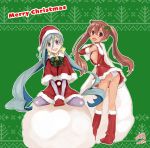  2016 2girls :d alternate_costume aqua_hair ashiya_hiro ass bell between_legs blush boots bow bowtie breasts capelet christmas commentary_request cosplay dark_skin dated dress elbow_gloves english eyebrows_visible_through_hair full_body fur_collar fur_trim gloves green_bow green_bowtie hair_between_eyes hair_bow hair_ornament hand_between_legs hat highres kantai_collection kiyoshimo_(kantai_collection) knee_boots kuma_(kantai_collection) kuma_(kantai_collection)_(cosplay) legs_apart libeccio_(kantai_collection) long_hair looking_at_viewer looking_back low_twintails mistletoe mittens multiple_girls open_mouth outline panties pantyhose pantyshot pantyshot_(standing) pixel_art purple_legwear red_boots red_dress red_gloves red_hat revision sack santa_boots santa_costume santa_hat short_dress sideboob signature sitting small_breasts smile standing tareme twintails underwear v_arms very_long_hair violet_eyes wariza white_panties yellow_bow 