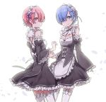  2girls apron bangs blue_eyes blue_hair blush breasts cleavage detached_sleeves frilled_legwear frilled_sleeves frills hair_ornament hair_over_one_eye hair_ribbon highres holding_hands interlocked_fingers light_smile long_sleeves looking_at_viewer maid maid_headdress multiple_girls pink_eyes pink_hair pink_ribbon purple_ribbon ram_(re:zero) re:zero_kara_hajimeru_isekai_seikatsu rem_(re:zero) ribbon ribbon-trimmed_clothes ribbon-trimmed_legwear ribbon-trimmed_sleeves ribbon_trim short_hair siblings sisters small_breasts standing thigh-highs twins white_background white_legwear wide_sleeves x_hair_ornament yohan1754 zettai_ryouiki 