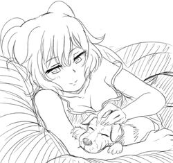  1girl blush breasts camisole closed_eyes collarbone dog eyebrows eyebrows_visible_through_hair hair_between_eyes lying medium_breasts monochrome nasuhara_anastasia on_side onii-chan_dakedo_ai_sae_areba_kankeinai_yo_ne petting sketch strap_slip viperxtr 