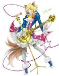  1boy animal_ears blonde_hair blue_eyes cravat guitar highres instrument kiniro_yasha male_focus microphone microphone_stand show_by_rock!! shu_zo_(show_by_rock!!) smile solo tail 