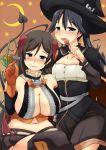  2girls blush breasts candy cleavage cosplay demon_horns demon_tail demon_wings halloween halloween_costume hat horns houshou_(kantai_collection) huge_breasts imagawa_akira kantai_collection lollipop long_hair looking_at_viewer mamiya_(kantai_collection) moon multiple_girls ponytail smile tail thigh-highs wings witch witch_hat 